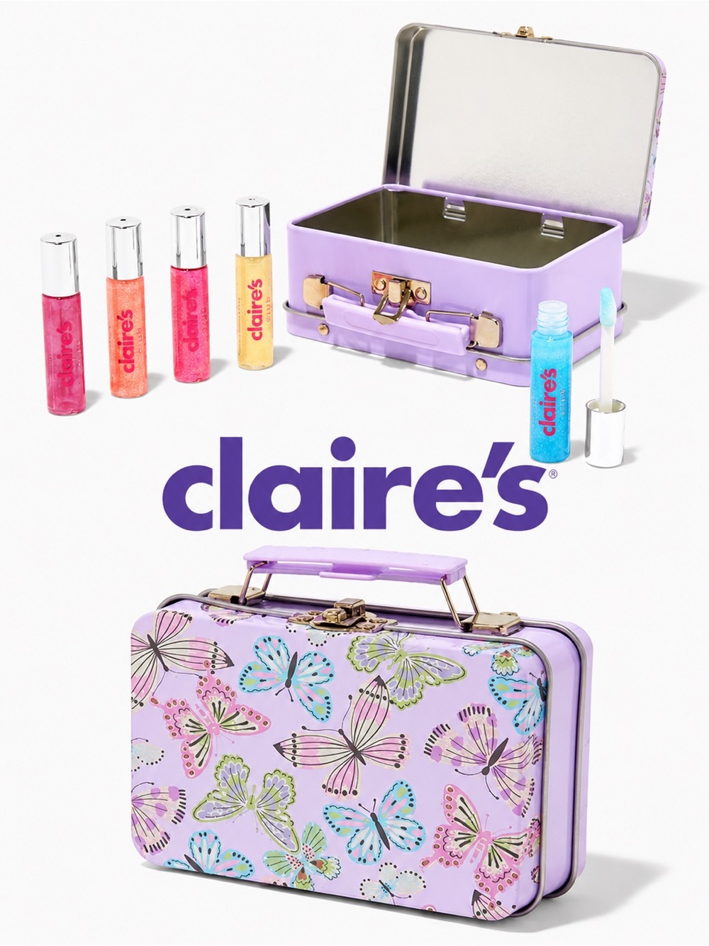 Claire’s Butterfly Mini Tin Lip Gloss Set | 5 Strawberry Cream Glosses | NWT
